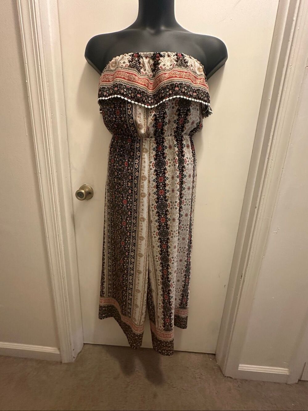 Monteau Women's Multicolor Floral Paisley Strapless Wide Leg Boho Jumpsuit Large